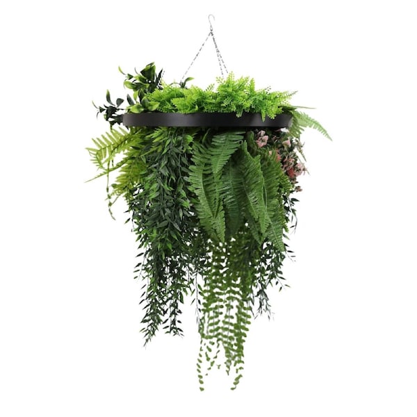 Black Artificial Hanging Plant Disc Chandelier with Trailing Foliage - 40cm UV Resistant