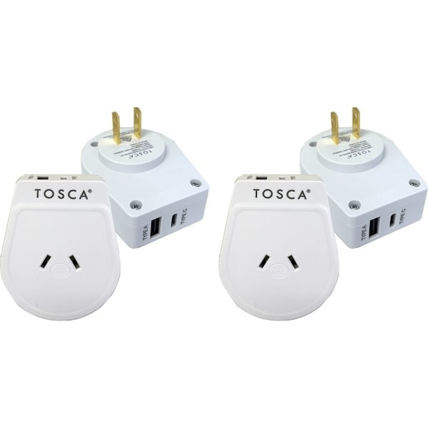 2x Tosca Japan OB Portable Travel Power Adapter USB A&C Converter Plug White