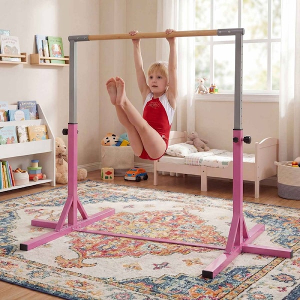 Babyjoy Kids Training Bar Height-adjustable Gymnastics Bar Pull Up Sports Equipment Horizontal Bar Pink