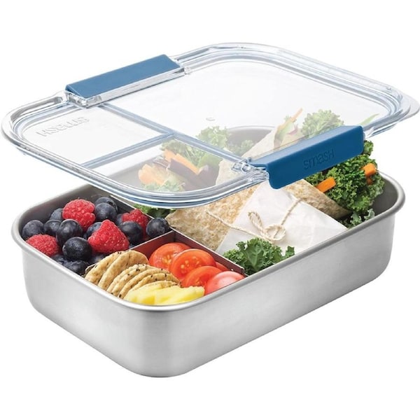 Smash Microwave Safe Stainless Steel Bento Lunch Box, 3 Compartments, Blue, 1200ml