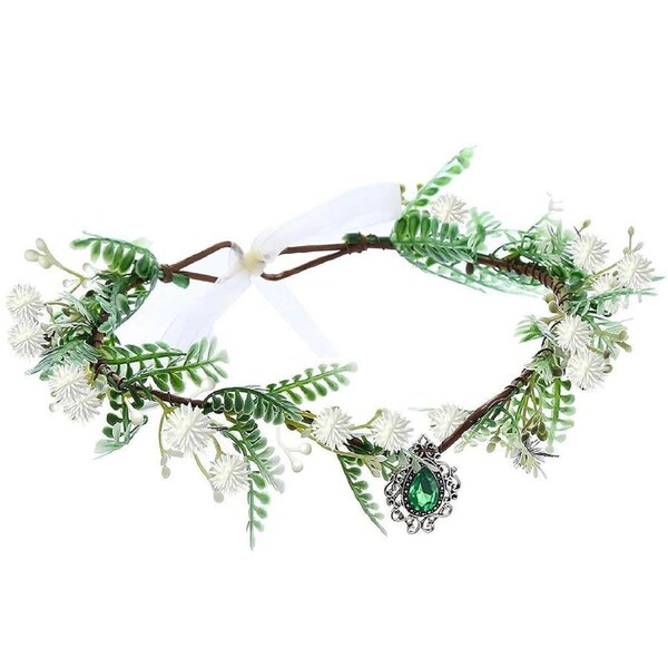 Handmade White Green Pendant Flower Crown Headband Wedding Fairy Elf Cosplay