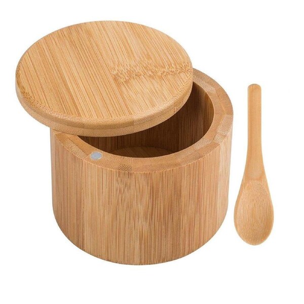 Bamboo Salt Box with Lid Mini Spoon Round Spice Storage Jar Kitchen Utensils Set