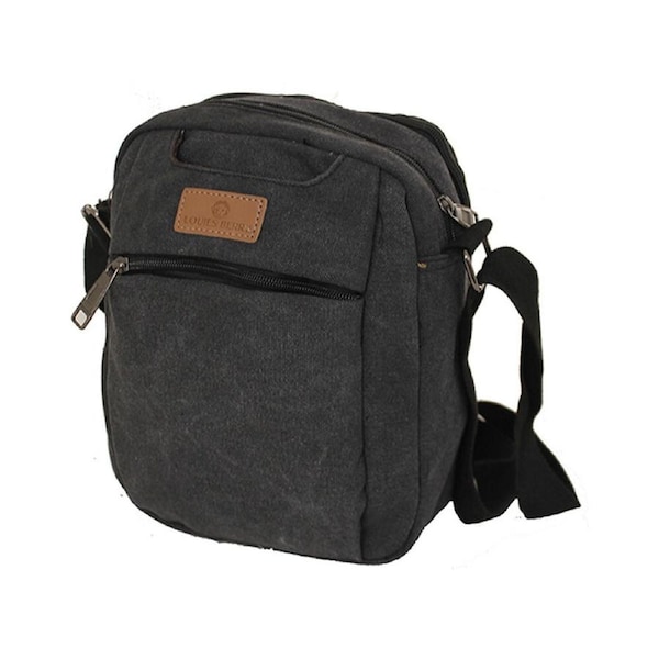 Louis Berry Canvas Mens Dual Zipper Cross Body Shoulder Bag 25x19cm Black