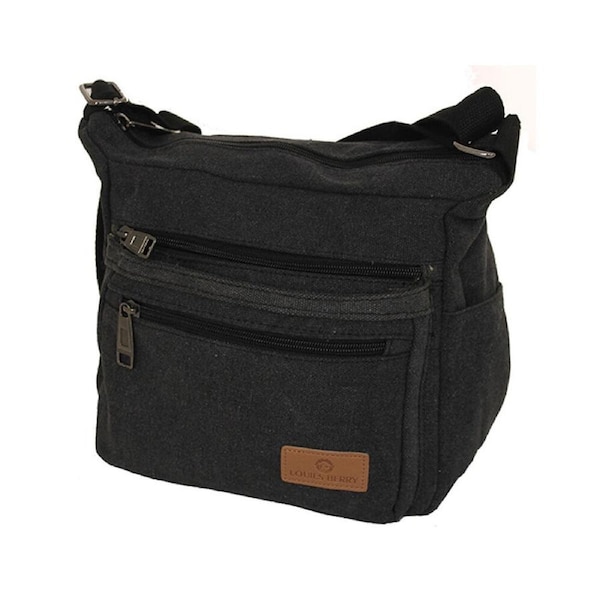 Louis Berry Canvas Mens Dual Zipper Cross Body Shoulder Bag 25x19cm Black