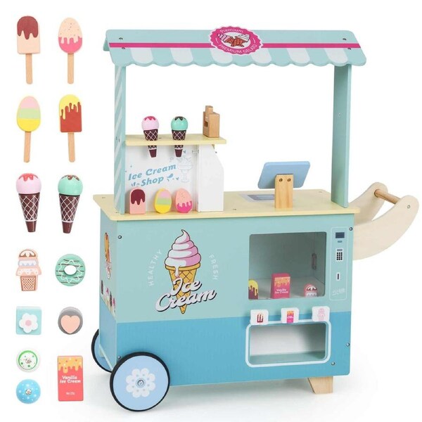 Costway Ice Cream Cart Pretend Play Shop Dessert Food Truck Toy w/Storage Shelves Wheels Green