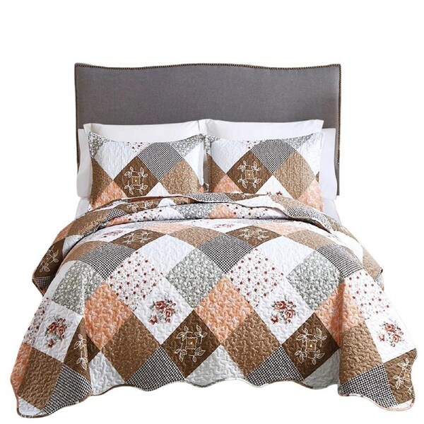 Checked Soft Bedspread Quilted Coverlet Patchwork Set Queen Size Bedding