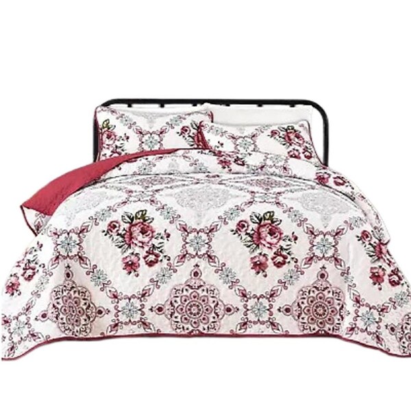 Floral Checked Red Soft Bedspread Quilted Coverlet Patchwork Set Queen Size