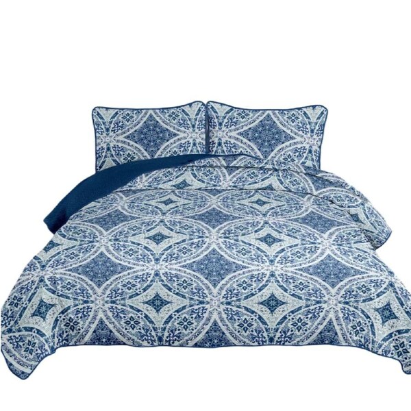 Mandala Blue Soft Bedspread Set Quilted Coverlet Bedding Comforter