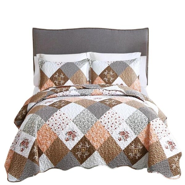 Checked Soft Bedspread Set Quilted Coverlet Bedding Comforter
