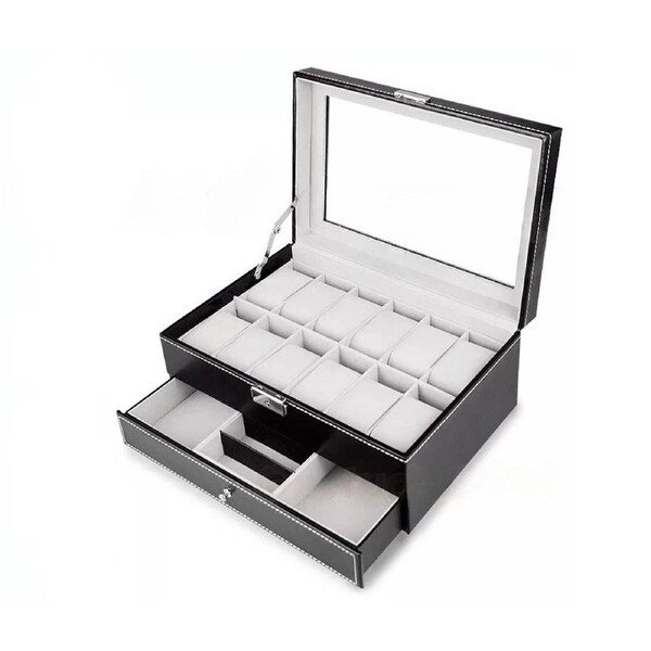 Display Case Watch Jewelry Storage Holder Box 12 Grids Organizer PU Leather