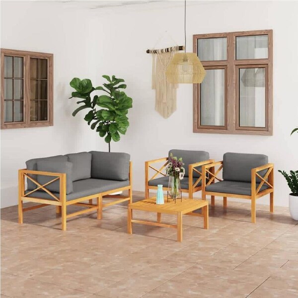 5 Piece Garden Lounge Set with Grey Cushions Solid Wood Teak vidaXL