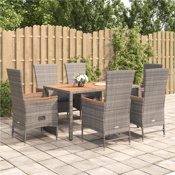7 Piece Garden Dining Set with Cushions Grey Poly Rattan vidaXL