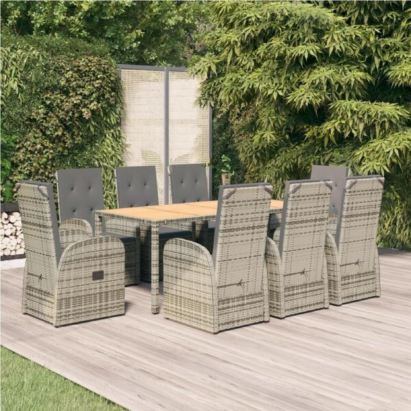 9 Piece Garden Dining Set with Cushions Grey Poly Rattan vidaXL