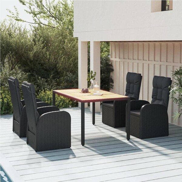 5 Piece Garden Dining Set with Cushions Black Poly Rattan vidaXL