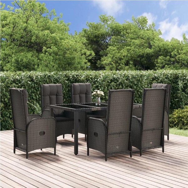 7 Piece Garden Dining Set with Cushions Black and Grey Poly Rattan vidaXL