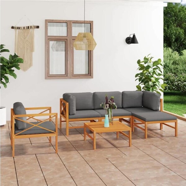 6 Piece Garden Lounge Set with Grey Cushions Solid Wood Teak vidaXL