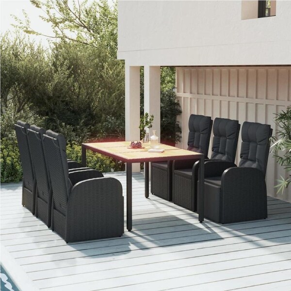 7 Piece Garden Dining Set with Cushions Black Poly Rattan vidaXL