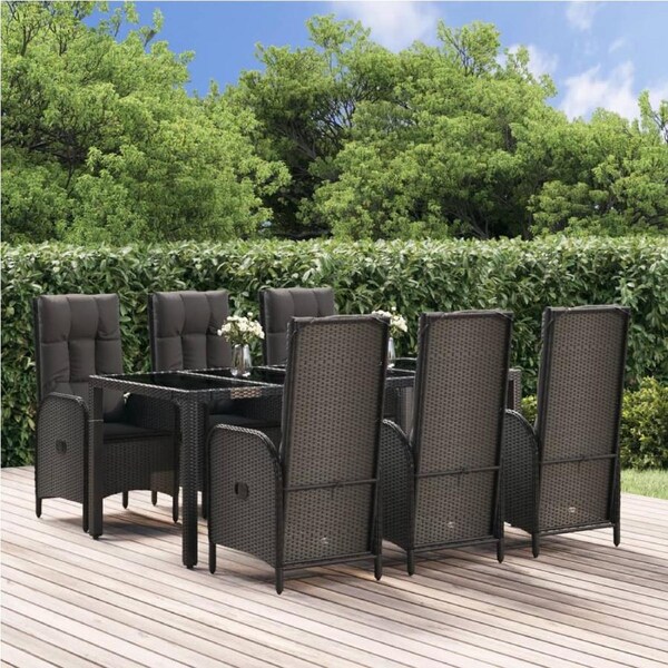 7 Piece Garden Dining Set with Cushions Black and Grey Poly Rattan vidaXL