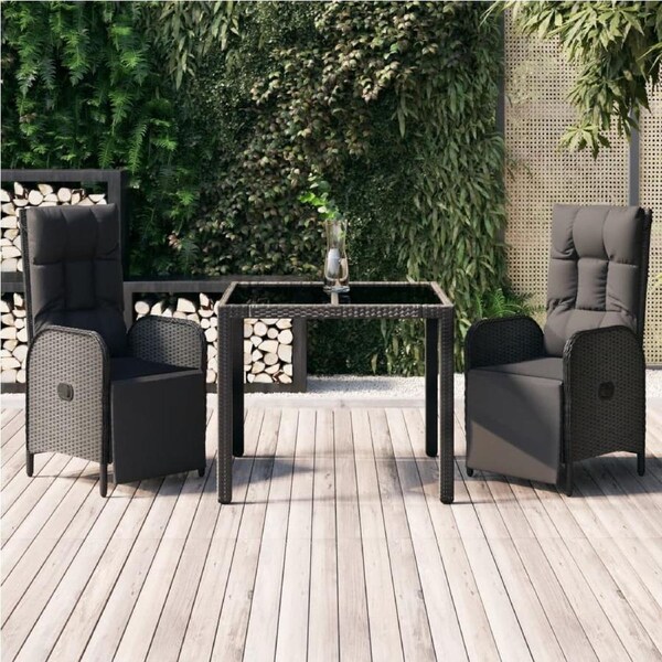 3 Piece Garden Dining Set with Cushions Black Poly Rattan vidaXL