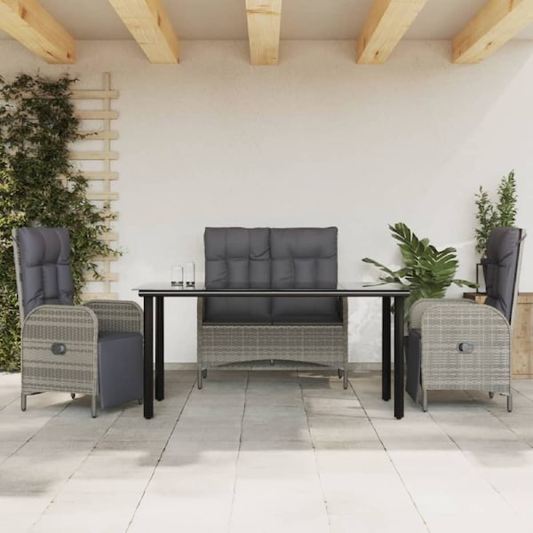 4 Piece Garden Dining Set with Cushions Grey Poly Rattan vidaXL