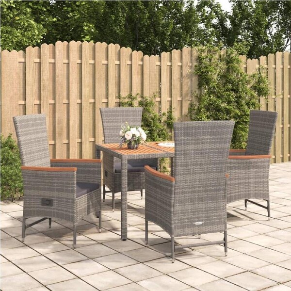 5 Piece Garden Dining Set with Cushions Grey Poly Rattan vidaXL