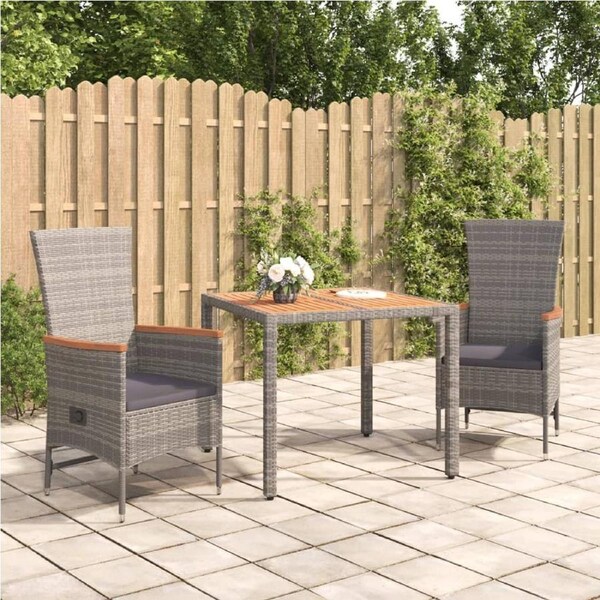 3 Piece Garden Dining Set with Cushions Grey Poly Rattan vidaXL