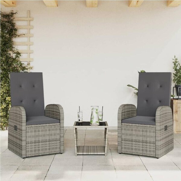 3 Piece Garden Dining Set with Cushions Grey Poly Rattan vidaXL