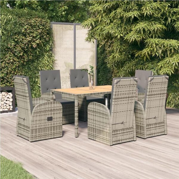 7 Piece Garden Dining Set with Cushions Grey Poly Rattan vidaXL