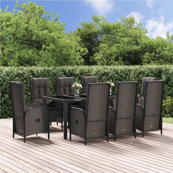 9 Piece Garden Dining Set with Cushions Black and Grey Poly Rattan vidaXL