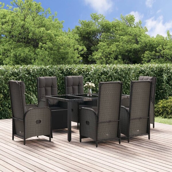 7 Piece Garden Dining Set with Cushions Black and Grey Poly Rattan vidaXL