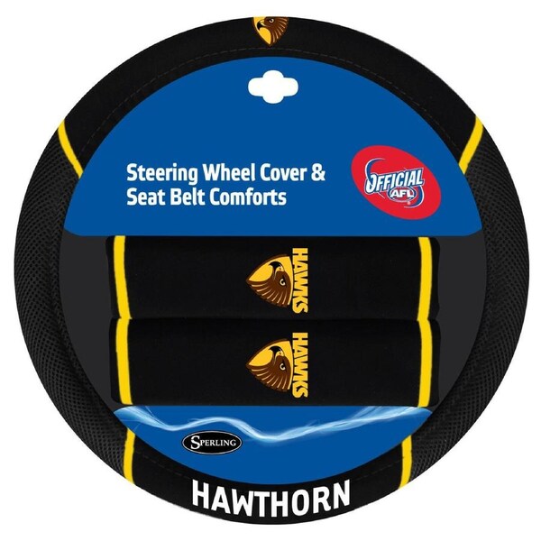 Sperling HAWTHORN HAWKS Official AFL Steering Wheel Cover and Seat Belt Cover Set