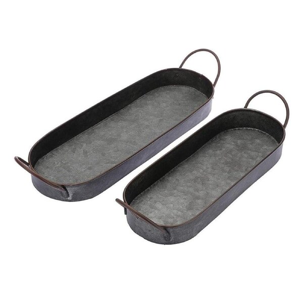 2Pcs Metal Galvanized Tray Metal Decor Chic Farmhouse Tray Centerpiece Oval Tray