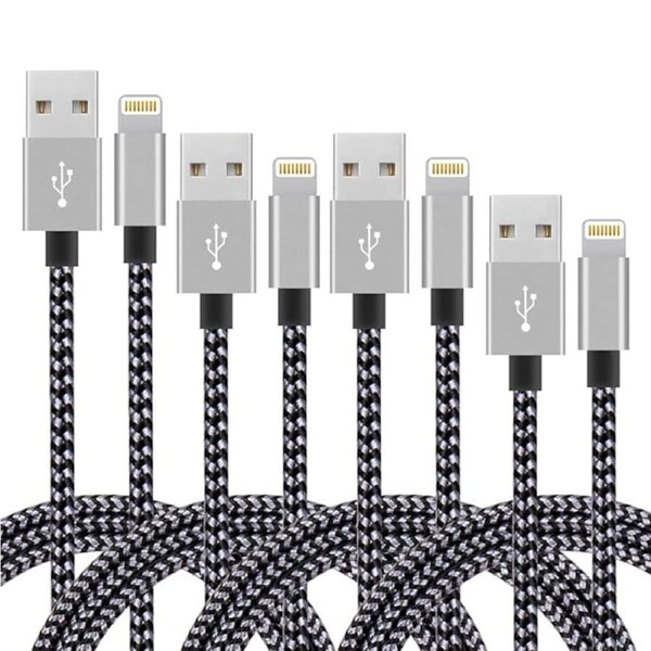 [4 Pack] 2M Fast USB Charger Cable Naylon Braided For Apple iPhone X XS XR 11 12 13 14 Pro Max Charging Cord - Grey