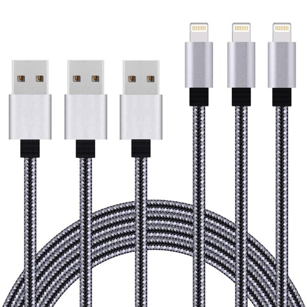 [3 Pack] 2M USB 2.1A Fast Charger Cable Naylon Braided For Apple iPhone 14 13 12 11 XR XS Max Charging Cord - Grey