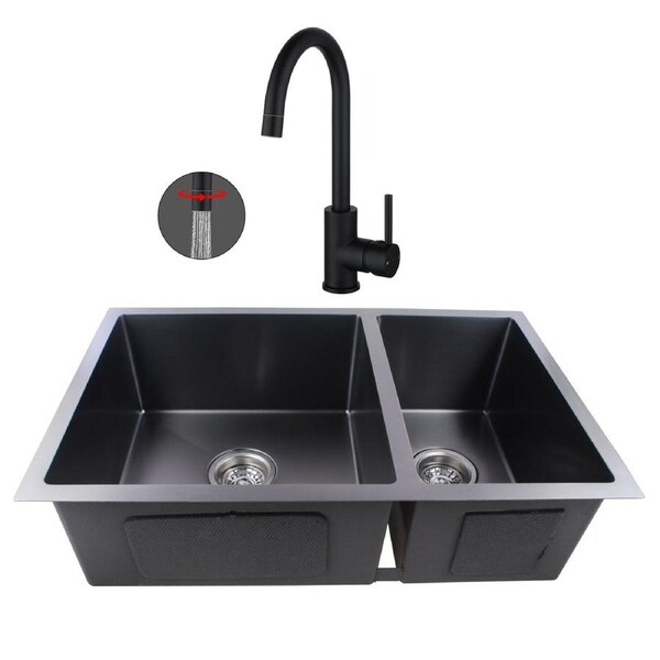 ACA 71x45CM Kitchen Double Sink With 2-mode Tap Stainless Steel Under/Topmount Grey Black Sink Set
