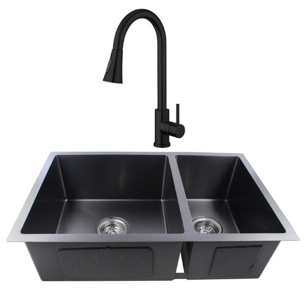 ACA 71x45CM Double Kitchen Sink With Pull Out Tap Stainless Steel Under/Topmount Grey Black Sink Set