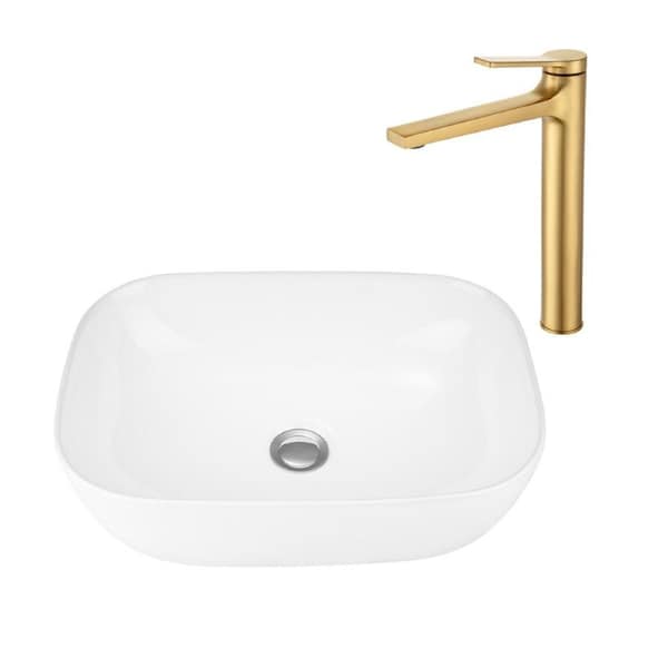 ACA 46x32CM Bathroom Ceramic Basin With Gold Tap Counter Top White Sink Hand Wash Bowl Set