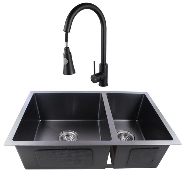 ACA 71x45CM Kitchen Double Sink With Pull Out Tap Stainless Steel Under/Topmount Grey Black Sink Set