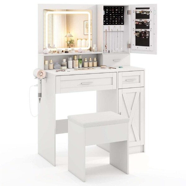 Costway Dressing Table Makeup Vanity Table and Stool Set w/Mirror & 3-Color LED Lights