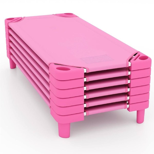 Costway 1.3m 6 PCS Stackable Daycare Cot Space-saving Portable Sleeping Bed Mat Pink