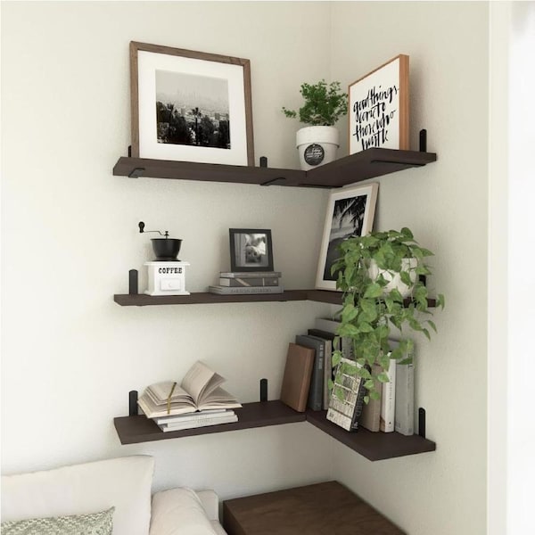 DelSol Wood Floating Shelves Set of 6, Shelves for Wall Decor, Farmhouse Shelf for Bedroom, Bathroom Storage Shelves, Book Shelves for Living Room - Dark Brown