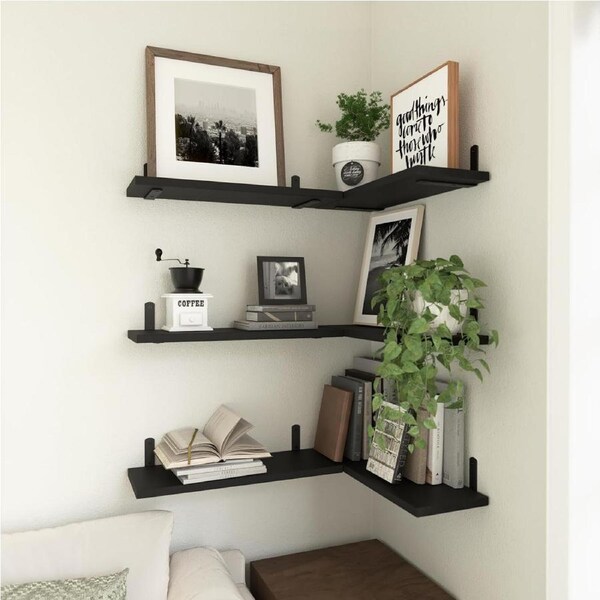 DelSol Wood Floating Shelves Set of 6, Shelves for Wall Decor, Farmhouse Shelf for Bedroom, Bathroom Storage Shelves, Book Shelves for Living Room - Black Brown
