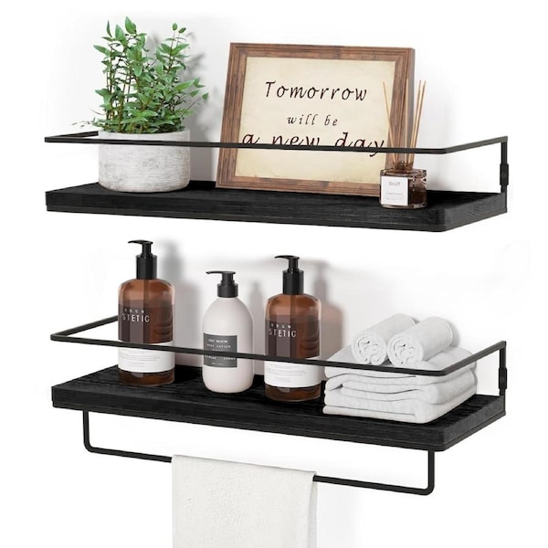 DelSol Floating Shelves 2pcs Wall Mounted Storage Shelves with Metal Frame Towel Rack-Black