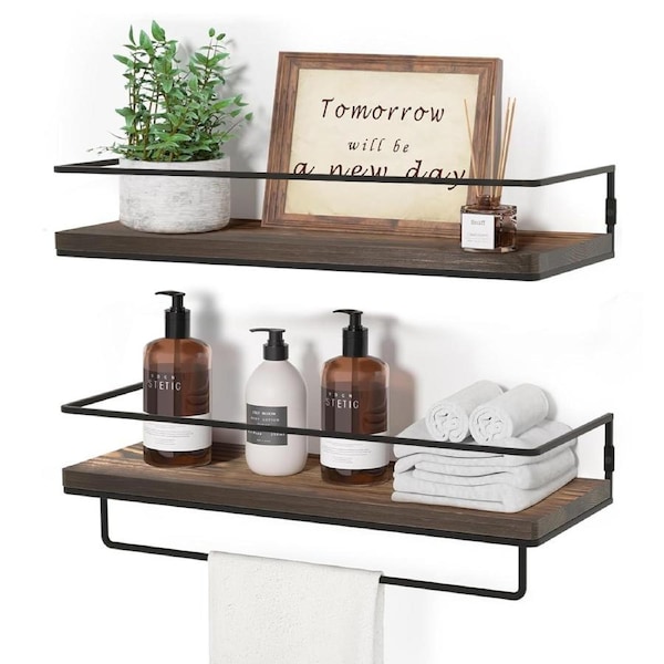 DelSol Floating Shelves 2pcs Wall Mounted Storage Shelves with Metal Frame Towel Rack-Brown