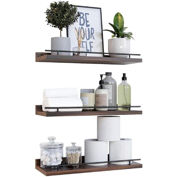 DelSol 3pcs Floating Shelves Wall Mounted Storage Shelf Wood with Metal Display-Brown