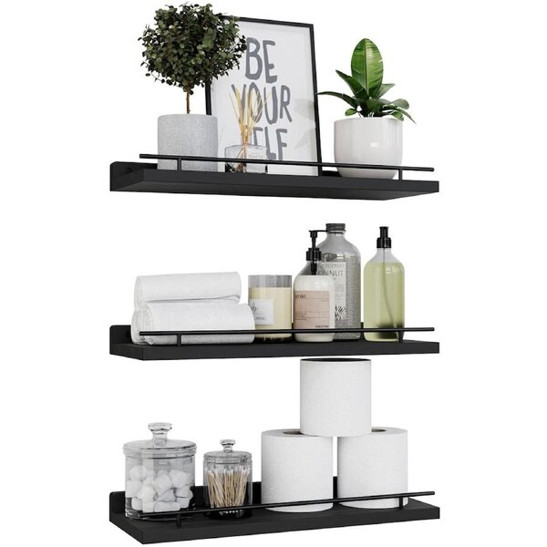 DelSol 3pcs Floating Shelves Wall Mounted Storage Shelf Wood with Metal Display-Black