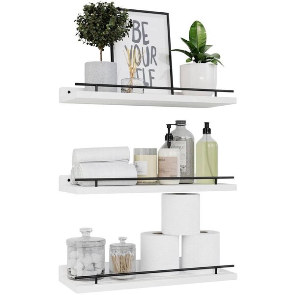 DelSol 3pcs Floating Shelves Wall Mounted Storage Shelf Wood with Metal Display-White