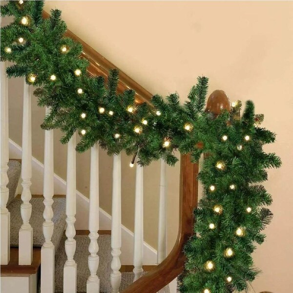 9ft Christmas Garland with LED Lights Artificial Wreath Stairs Home Rattan Decoration