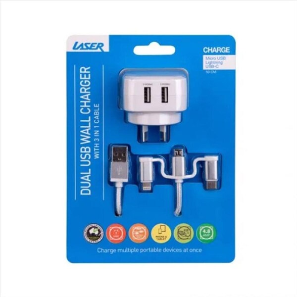 Dual USB AC Charger with 3 in 1 Charging Cable White