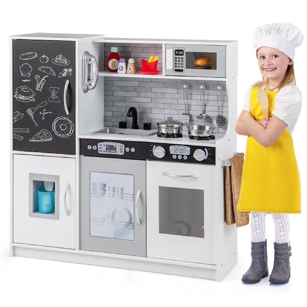 Babyjoy Kids Pretend Play Kitchen Wooden Cooking Playset Toddler Chef Toy Kitchen w/Full Accessories White